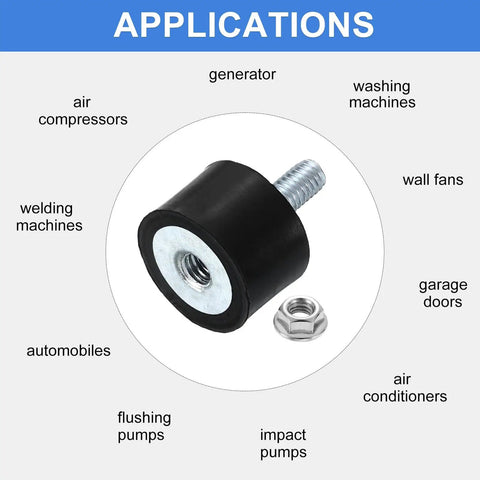 Heavy Duty M4 Rubber Mounts 4Pc Anti Vibration Isolator Kit for generators and air compressors shown with stainless nuts.
