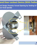 Doorknob Lockout Device With Padlock For Kid Safe Home Safety And Door Handle Lock Preventing Knob Turning Easy Clamp Style Lock For Doors Faucets And Valves being held in a hand, showing steel clamp design.