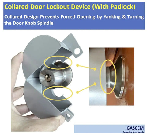 Doorknob Lockout Device With Padlock For Kid Safe Home Safety And Door Handle Lock Preventing Knob Turning Easy Clamp Style Lock For Doors Faucets And Valves being held in a hand, showing steel clamp design.