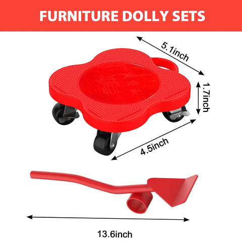 No Sweat Heavy Duty Furniture Mover Sliders With Braked Swivel Wheels And 360 Degree Turn Anti Grip Footpads, red dolly and lever tool.