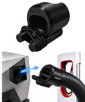 Tesla Supercharger Release Tool For Rapid Ev Cable Breakaway Keeps You Seated And Lets You Bail Out Fast Without Stepping Out Cybertruck Compatible Charging Aid detail showing black adapter connector and charging port alignment.
