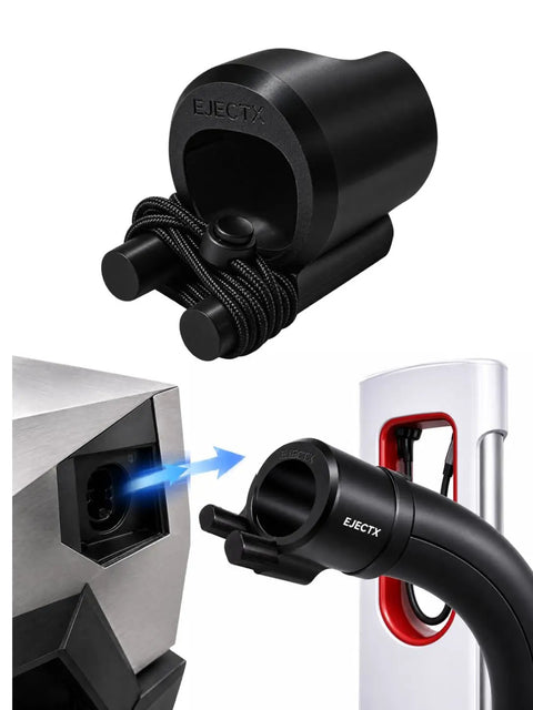 Tesla Supercharger Release Tool For Rapid Ev Cable Breakaway Keeps You Seated And Lets You Bail Out Fast Without Stepping Out Cybertruck Compatible Charging Aid detail showing black adapter connector and charging port alignment.