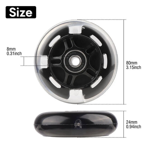 LED Light Up Inline Skate Wheels With Bushings 80mm size and dimensions, for Kids and Beginners, Black color, 8 Pack
