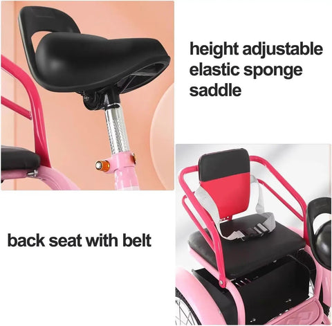 Foldable Three Wheel Tricycle Cruiser With Back Seat, cushioned saddle and secure back seat with belt, ideal for kids' rides.