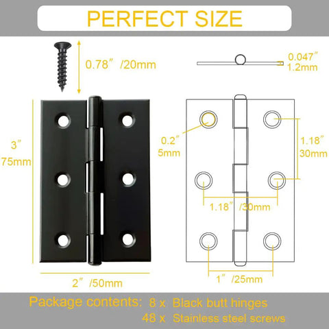 Eight Pack 3 Inch Black Stainless Steel Butt Hinges With Screws Heavy Duty Rustproof Cabinet Hardware For Furniture No Fuss Setup, hinge dimensions and screw details.