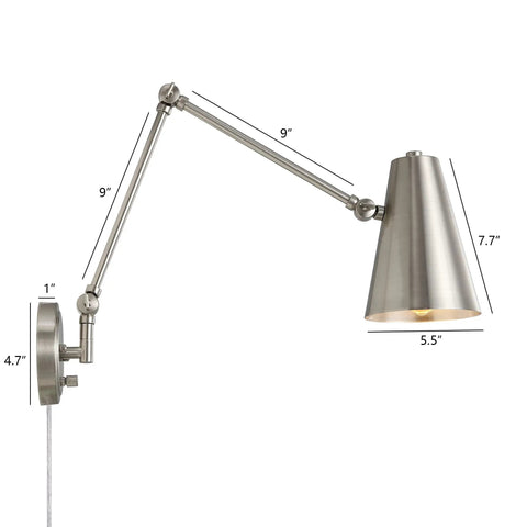 Industrial 1 Light Swing Arm Wall Lamp With Adjustable Head, Metal LED Wall Sconce, Plug In Or Wall Mount, Brushed Nickel