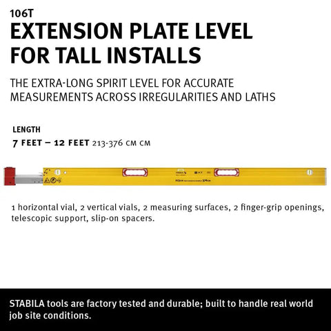 Heavy Duty Extendable Plate Level For Tall Installations 7 To 12 Feet Adjustable Height Range Precision Jobsite Tool Reinforced Frame For High Walls And Big Windows Solid As A Rock For Any Pro Crew