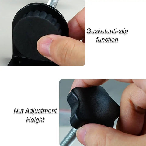 Detail of Four Piece Adjustable Patio Furniture Clips for Wicker Sectionals with gasket anti-slip and nut adjustment features.