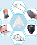 Center view: white microfiber eyeglass cleaning cloth, 5x6 in; 12-pack for glasses, phones, cameras, laptops, tablets, watches