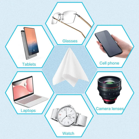 Center view: white microfiber eyeglass cleaning cloth, 5x6 in; 12-pack for glasses, phones, cameras, laptops, tablets, watches