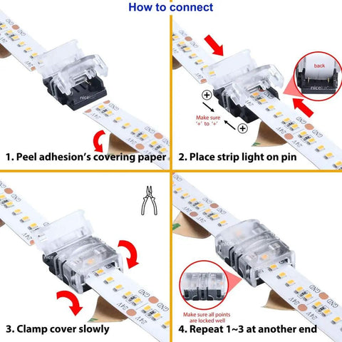Step-by-step guide using High Density LED Strip Connector Kit For 12mm 2 Pin SMD And COB Light Strips, 9.8 Feet Of 20AWG Cable.