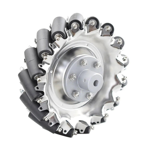 Side view of a Beefy 152mm Omni Mecanum Wheel Kit showing metal hub and rubber rollers for smooth omnidirectional mobility.