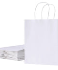 White Kraft Paper Gift Bags With Handles Pack Of 25 Medium 8 By 4.5 By 10 Inches Tough Durable Recyclable Shopping Bags For Party Favors And Retail Weddings And DIY Branding, showing upright bag and stack of 24.