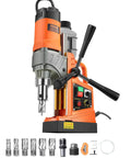 Front view of VEVOR magnetic drill, orange and gray, with chuck and handles, plus drill bits and accessories