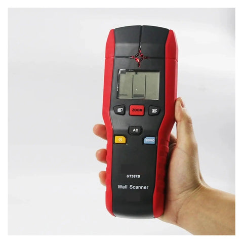 No Sweat Wall Scanner And Stud Finder With Live Wire Detection Wood Metal Detector Featuring LCD Screen in hand.