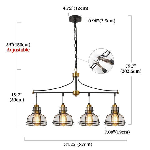 Industrial 3 Light Pendant Light For Kitchen Island With Clear Glass Shades Farmhouse Chandelier Cluster Pendant Fixture In Vintage Black Metal Frame For Dining Room, dimensions and adjustable chain shown.