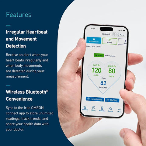 Person holding smartphone displaying app connected to Bronze Upper Arm Blood Pressure Monitor For Home Use With Cuff Clinically Validated.