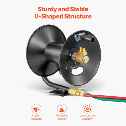 Heavy Duty Welding Hose Reel With Hand Crank Rewind Three Foot Lead In Hose And 9/16-18 BF Fittings Rugged Steel Reel close-up