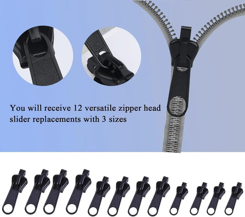 12 Pack Black Zipper Sliders Repair Kit For Clothes Jackets Bags And Luggage Universal Fit For Standard Teeth Quick Fix Zipper Pullers Replacement Set shown with close-up views and 12 sliders.