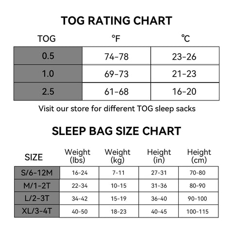 TOG rating and sleep bag size chart for Ultra Soft Bamboo Rayon Toddler Sleep Sack With Feet 12-24 Months 1.0 Tog Lightweight Wearable Blanket