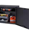 24 Inch Garage Wall Storage Cabinet With Heavy Duty 22 Gauge Steel Wall Mount Design Adjustable Shelf Reversible Door For Tool Storage Cleaning Supplies And Small Gear In Black, open view with contents inside.