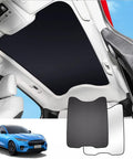 Sunshade for Ford Mustang Mach-E panoramic glass roof; foldable black fabric with reflective covers.