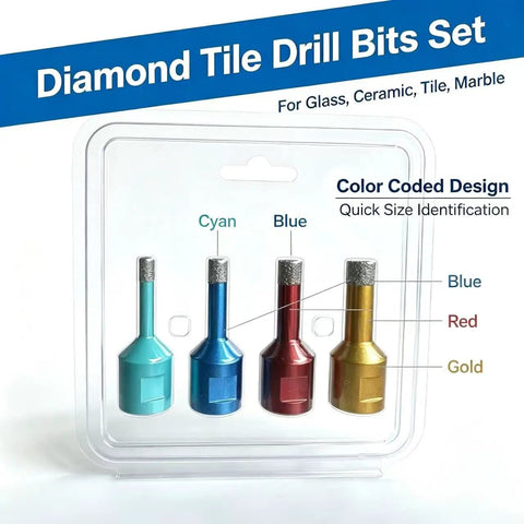 Premium 4 Piece Diamond Tile Drill Bit Set With Vacuum Brazed Tips In 6mm To 12mm Sizes Fits M14 Angle Grinder, color coded