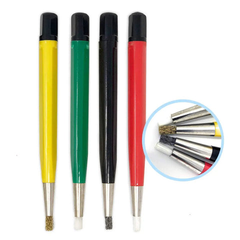 Scratch Brush Pen Set With Replacement Tips For Rust Corrosion Jewelry Circuit Boards And Auto Body Work All In One Go To 8 Piece Kit Featuring Brass Steel Nylon And Fiberglass Bristles And Flexible Length End Cap showing four pens with different bristles.