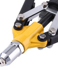 Pro Grade Heavy Duty Hand Riveter Kit with yellow nosepiece, part of tool for shipbuilding machinery and industrial projects.