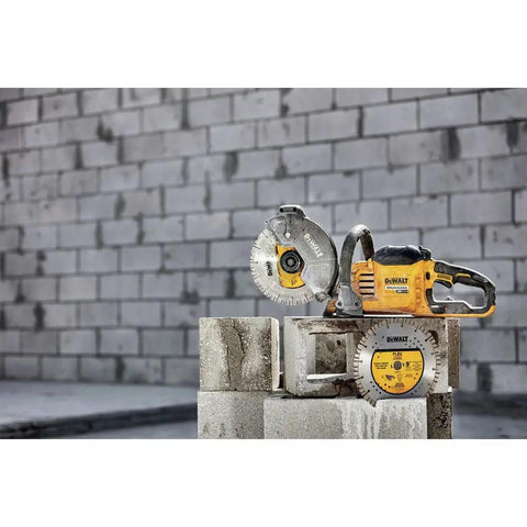 Flexvolt 9 Inch Diamond Cutting Wheel For Masonry And Concrete With Seven Eighths Inch Arbor 6600 Max RPM Beefy Durability on blocks