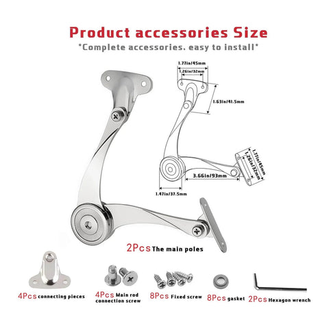 Diagram and components of heavy duty built to last soft close lid support hinges for lids and toy boxes with installation hardware.