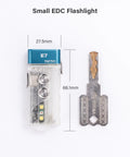 EDC Keychain Flashlight With USB C Rechargeable Power 4000K Warm White 95 Plus CRI next to a key for size comparison