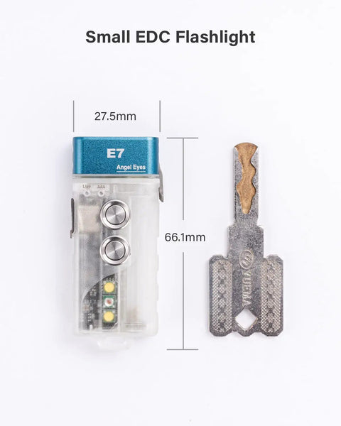 EDC Keychain Flashlight With USB C Rechargeable Power 4000K Warm White 95 Plus CRI next to a key for size comparison