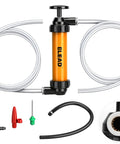 Gas siphon pump kit with orange hand pump, two clear hoses, and assorted adapters for fuel transfer.