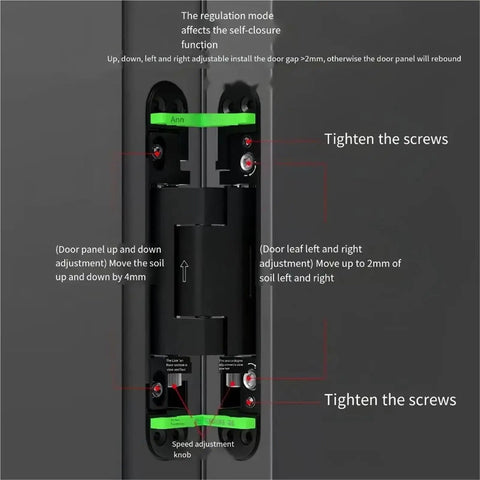 Heavy Duty Hydraulic Door Closer With Invisible Adjustable Hinge For Silent Auto Closing On Wood Or Steel Doors top-down view of adjustment features