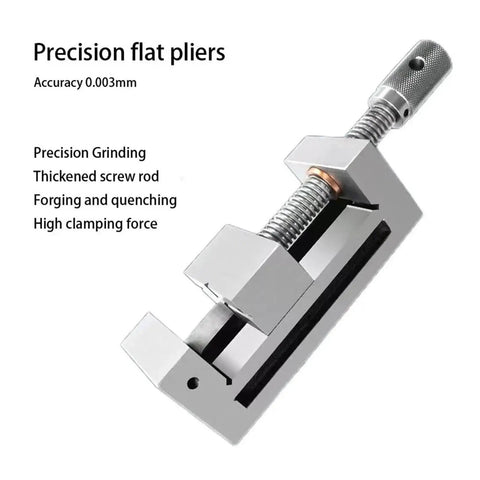 Precision flat pliers with thickened screw rod for high clamping force, designed for precision grinding and workholding.