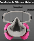 Front view of All-In-One Half Face Respirator with Anti-Fog Goggles for woodworking dust and allergens, showing valves and goggle