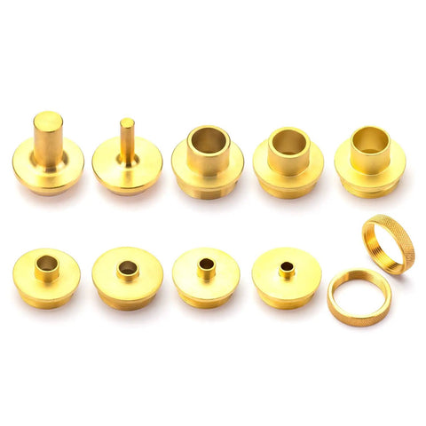 Eleven Piece Brass Router Guide Bushing Set For Pro Style Router Template Kit With Long Shank Bits And Lock Nuts Fits One And Three Sixteenths Inch Or One And Quarter Inch Base Plate displayed in a row