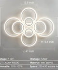 Overhead view of 41 Inch Modern LED Ceiling Light With Remote Dimmable Eight Ring White Flush Mount Fixture For Living Room Bedroom Kitchen And Dining Area Minimalist Metal And Acrylic Design Thats Lit, showing dimensions and material.