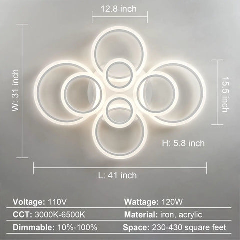 Overhead view of 41 Inch Modern LED Ceiling Light With Remote Dimmable Eight Ring White Flush Mount Fixture For Living Room Bedroom Kitchen And Dining Area Minimalist Metal And Acrylic Design Thats Lit, showing dimensions and material.