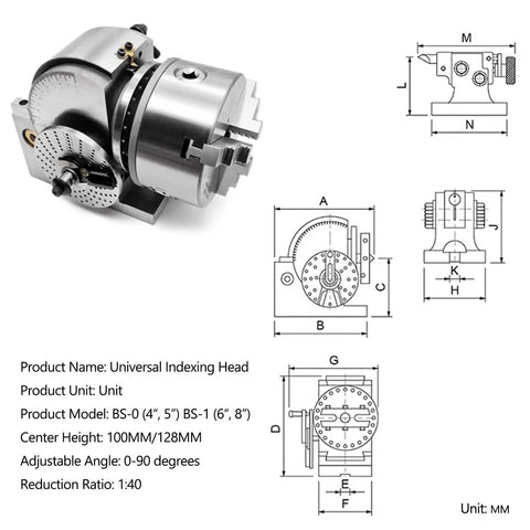 Rock Solid Universal Indexing Head For Rotary Table Featuring Precision Milling Three Jaw Chuck, adjustable angle up to 90 degrees.