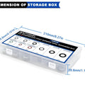 93 Piece AC Compressor Seal Washers Kit case dimensions with labeled compartments for O Rings and gaskets.