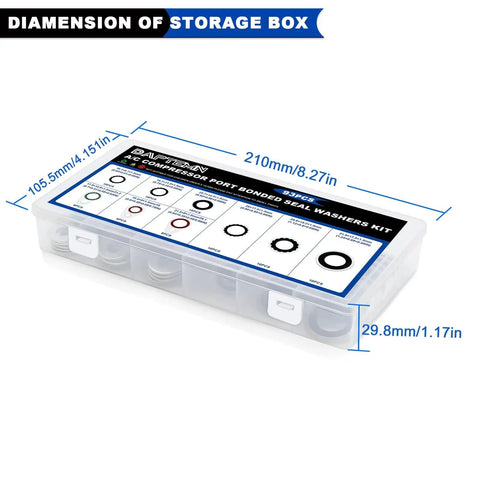 93 Piece AC Compressor Seal Washers Kit case dimensions with labeled compartments for O Rings and gaskets.