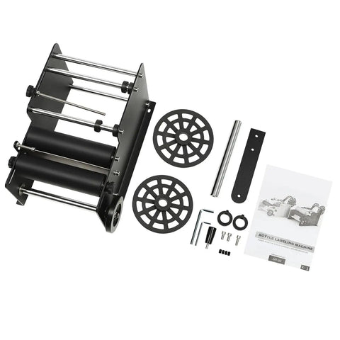 No Sweat Semi Automatic Label Applicator For Breweries And Food Shops Effortless Self Adhesive Dispenser and accessories laid out for assembly.
