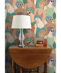 Hella Durable Art Deco Wallpaper Featuring Elegant Feminine Designs With Super Tough Linen Texture Surface And Pvc Free Type Ii Professional Covering For Interiors And Living Rooms on a table with a lamp.
