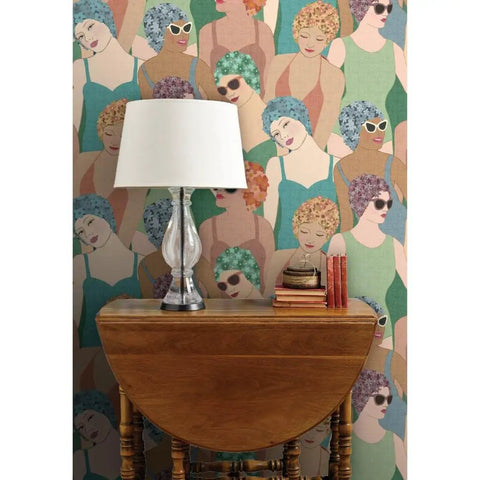Hella Durable Art Deco Wallpaper Featuring Elegant Feminine Designs With Super Tough Linen Texture Surface And Pvc Free Type Ii Professional Covering For Interiors And Living Rooms on a table with a lamp.