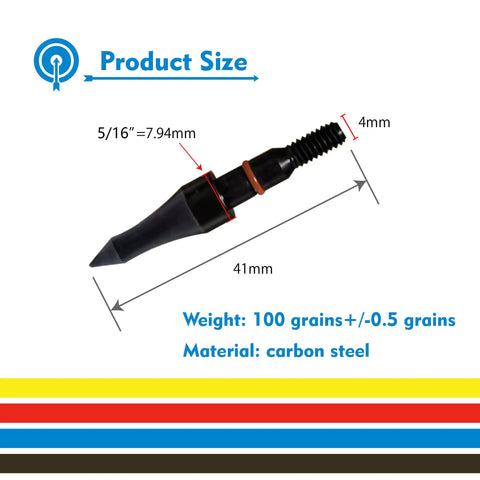 24 Pack 100 Grain Five Sixteenth Inch Screw In Field Arrow Tips For Archery Targets And Practice shown with dimensions