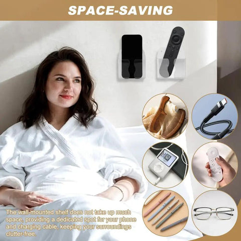 Two Pack Wall Mounted Phone Holder With Charging Hole Self Adhesive Clear Phone Cradle on wall near woman
