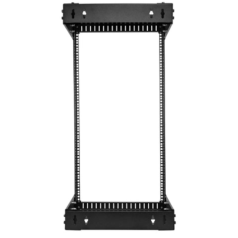 Beast Mode Heavy Duty 21U Two Post Wall Mount Open Frame Network Rack in black, featuring adjustable depth and open frame design.