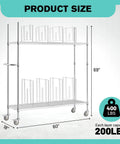 No Sweat Setup Heavy Duty Wire Cart Smooth Rolling 2 Tier Cardboard Box Storage Rack with dimensions 69" height, 60" width, 18" depth.
